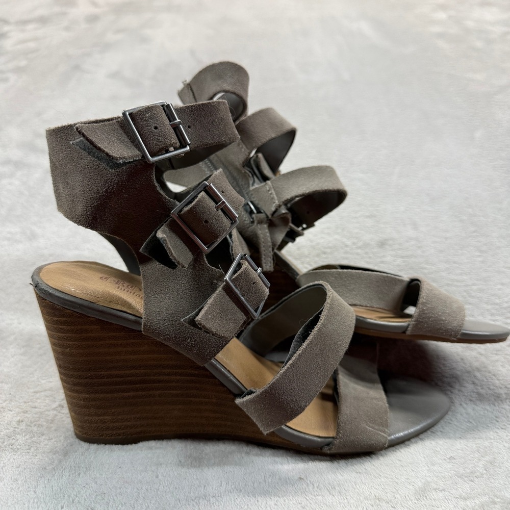 Crown Vintage Shoes Women 8 Wedge Sandal Grey Suede Multi Strap Buckle Ankle Zip